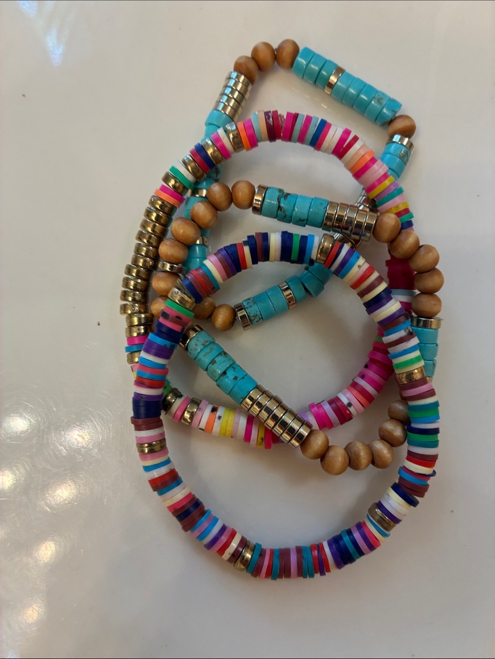 4 Multi-Color Beaded Stretch Bracelet Set - Turquoise & Pink Accents